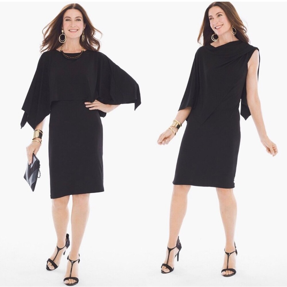 CHICO'S Women’s Convertible LBD Cape Overlay 3-Way Black Shift Dress US L NWT